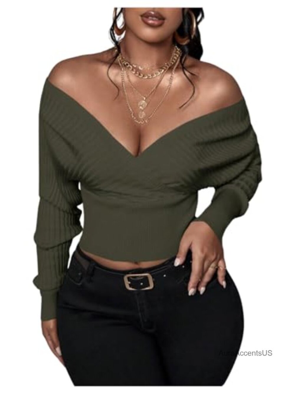 Off Shoulder Wrap Knit Crop Sweater Long Sleeve Pullover